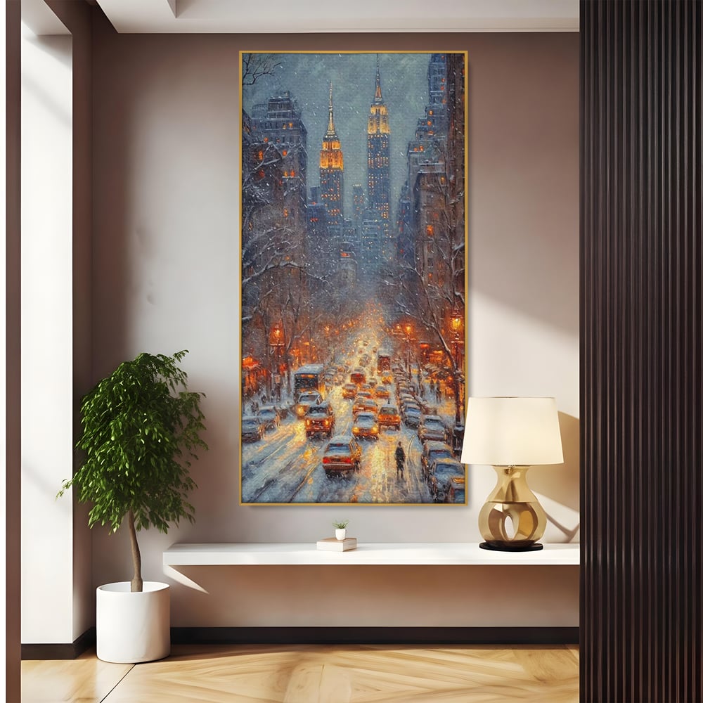 Tablou canvas cu pictura cu bulevard inzapezit si masini, in rama de aluminiu auriu
